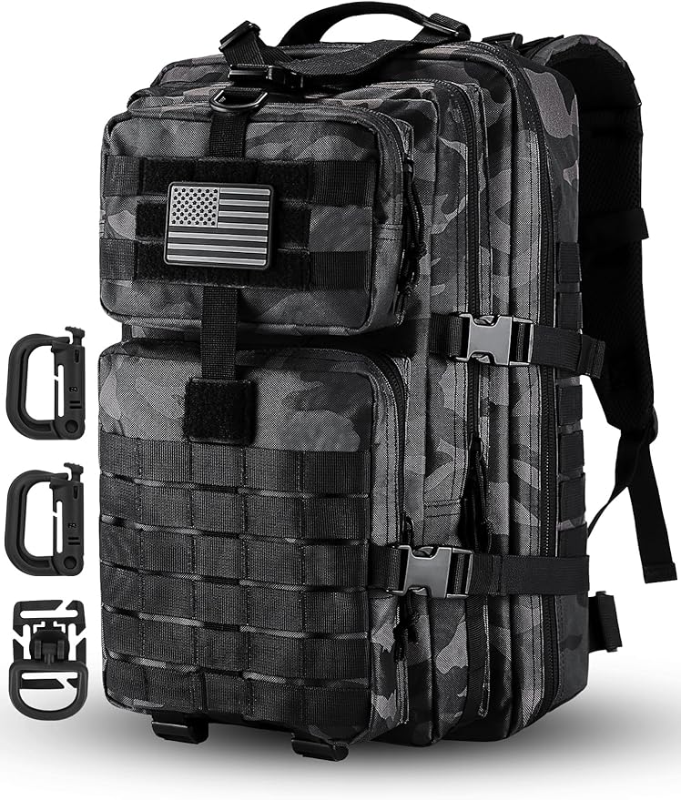 Hannibal Tactical MOLLE Assault Pack, Tactical Backpack Military Army Camping Rucksack, 3-Day Pack Trip w/USA Flag Patch, D-Rings, Black Camo
