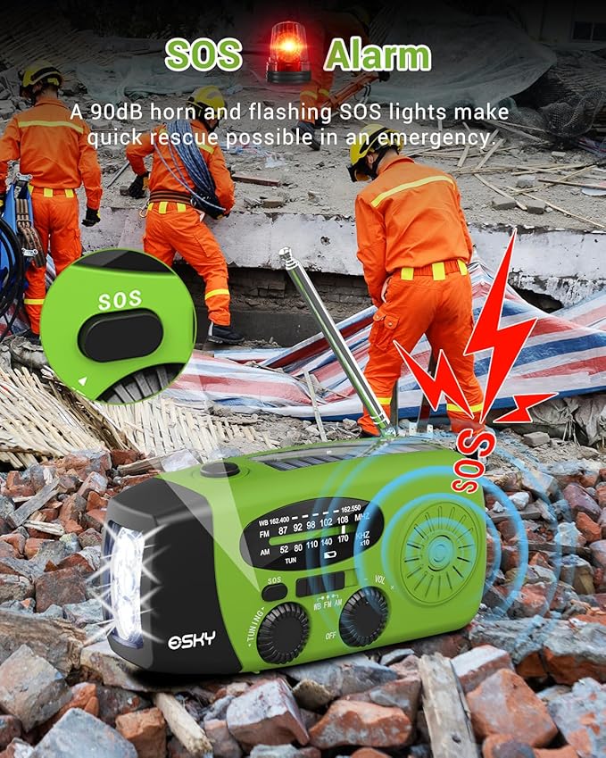 Esky Emergency Hand Crank Radio with 3 LED Flashlight, AM/FM/NOAA Portable Weather Radio with 2000mAh Battery, Solar-Powered USB Rechargeable Radio for Indoor and Outdoor Camping, Green