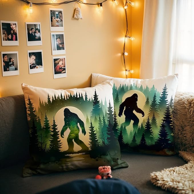 Funny Bigfoot Sasquatch Forest Throw Pillow Covers 18x18 Set of 2,Camper Decor Pillowcase,Big Foot Sasquatch Gifts,Camping Camper Bigfoot Gifts for Women（91）