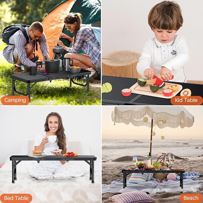 FUNYKICH 3ft Low Folding Camping Table with Carry Bag, 34.2'' Lx15.7'' W Portable Picnic Tables, Lightweight Thicker Aluminum Beach Table with Carry Handle for Beach, Camping, Picnic, Black