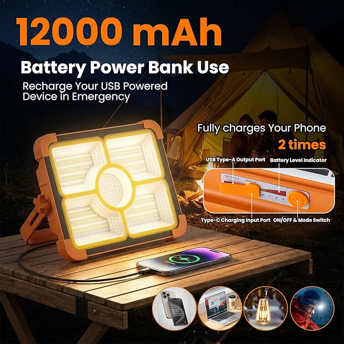 Rechargeable Camping Light with Tripod Stand, 12000mAh Solar Work Light Portable, Cordless LED Job Light 12000LM with 5 Mode, Waterproof Camping Essentials Gear Car Repair Emergency Lighting with Hook