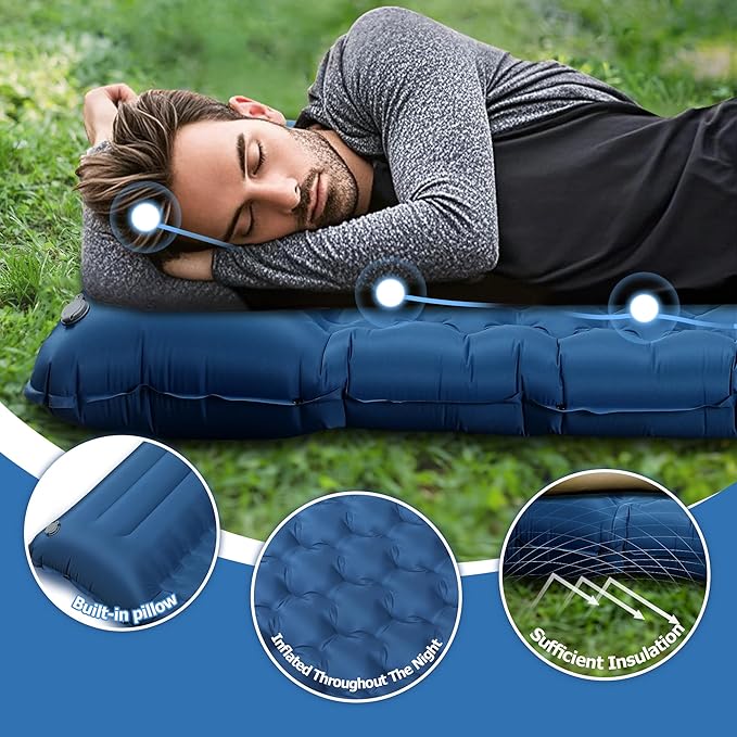Toncoke 5.1" Thick Double Sleeping Pad with Foot Pump & Pillow, 77.5x53.9 2-Person Air Mattress for Camping, Ultralight & Compact for Backpacking, Hiking, Car Travel Navy Blue