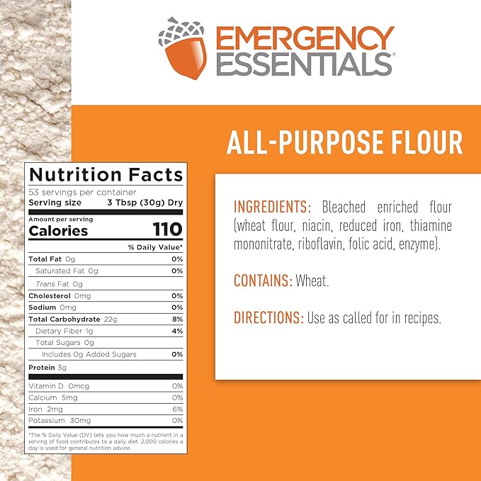 Emergency Essentials All-Purpose White Flour – Enriched, Long-Term Storage in #10 Can | 25-Year Shelf Life | 53 Servings | Emergency Food Supply for Baking, Cooking, and Everyday Preparedness