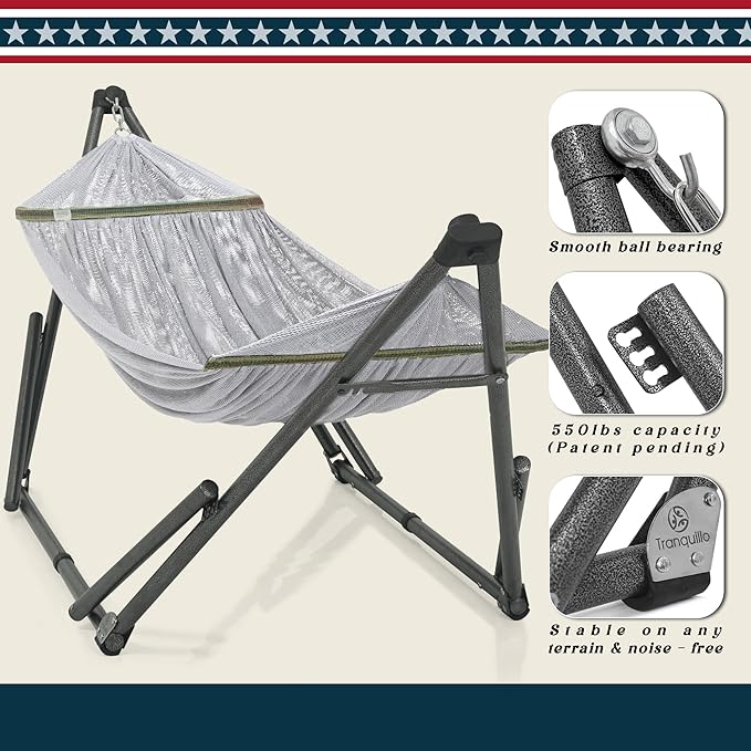 Tranquillo Uniki Hammock, Instant 30s Foldable Hammock Stand, 550 lbs Capacity Portable Hammock, 3-Year Warranty Sturdy Stand, Revolutionary Design No Screws Needed, Premium Carry Bag Included, Grey