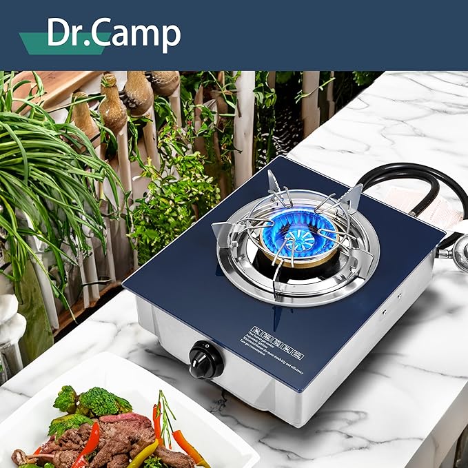 Dr.Camp Propane Gas Stove 12000 BTU Single Burner Glass Top Outdoor Camping Stove with CSA Listed Regulator and Gas Hose
