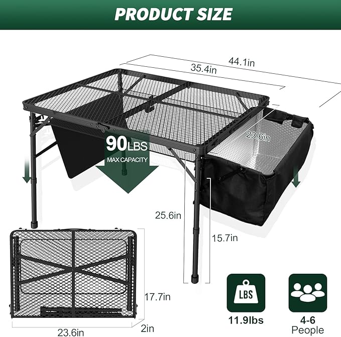 WildFinder Portable Folding Grill Table with Sink for Outdoor, Lightweight Aluminum Frame Folding Grill Stand Picnic Table Camping Cooking BBQ, RV Picnic,2 Heights Adjustable(Black)