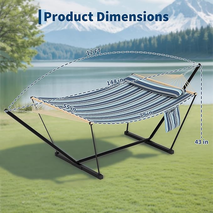 Double Hammock with Stand - Heavy Duty Portable 2 Person Design with Adjustable Steel Stand, Max 450LBS, Ideal for Outdoor Patio, Garden, Beach & Backyard