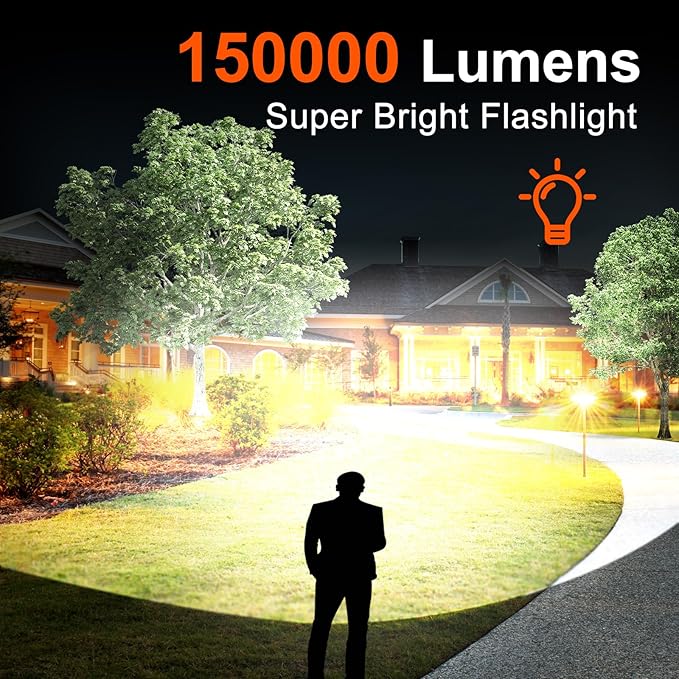 High Lumen Flashlight Rechargeable, 150000 Lumens Super Bright, 5 Modes & Adjustable Focus Zoomable, IP55 Waterproof & Shockproof Tactical Flashlight for Camping, Hiking, Emergency, Outdoor