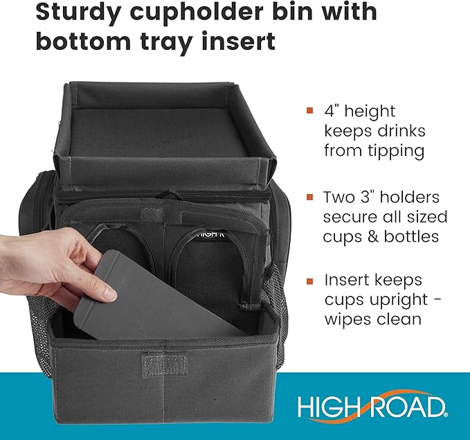 High Road CarHop Car Caddy Organizer with Road Trip Cooler, Car Cup Holder Bin, Sturdy Snack and Play Lid and 6 Organization and Storage Pockets