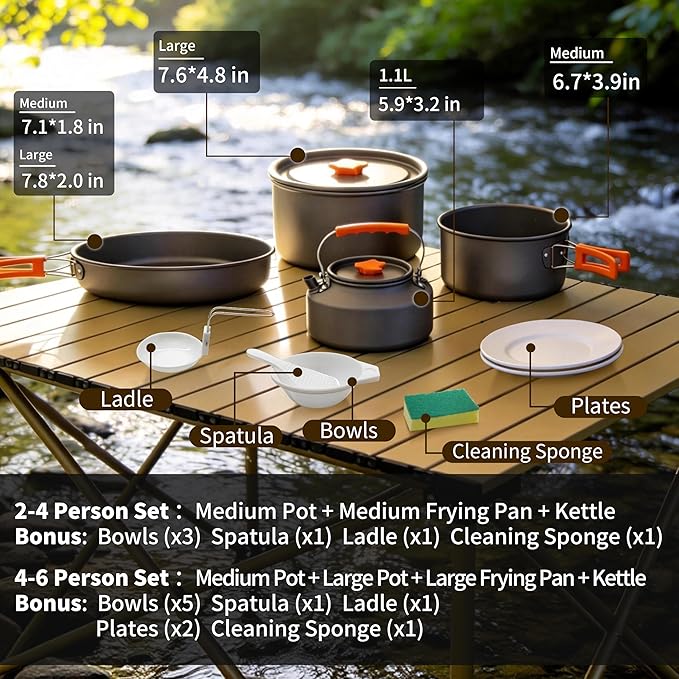 Collapsible Camping Cookware Set, Portable 4-in-1 Outdoor Camping pots and Pans Set with Nonstick Frypan, Pot, Kettle & Carry Bag, Hard-Anodized Aluminum for Camping, Hiking (2-6 Person)