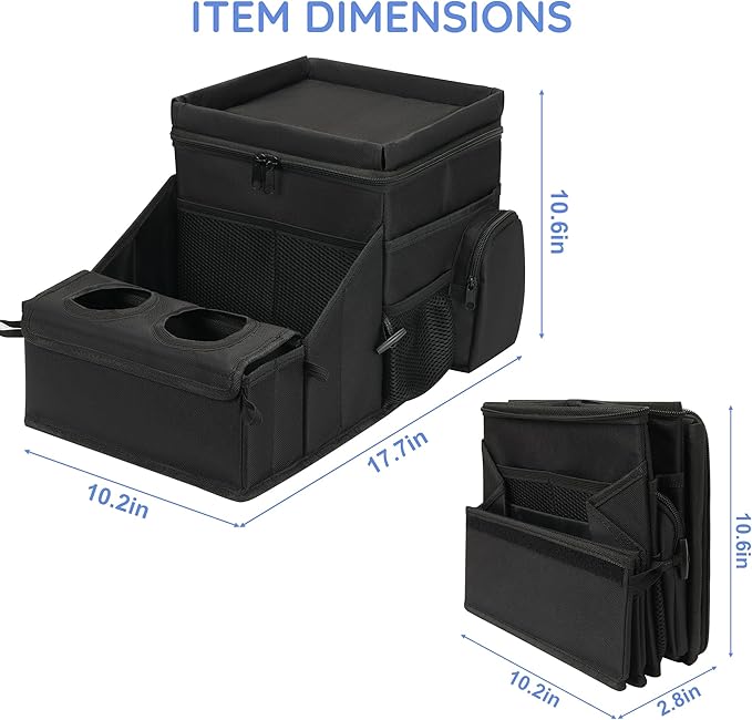 Car Organizer for Front Seat Organizer and Storage, Collapsible Car Caddy, Passenger Seat Organizer with Partitions & Cup Holders, Car Organization for kids and Adults (Black)