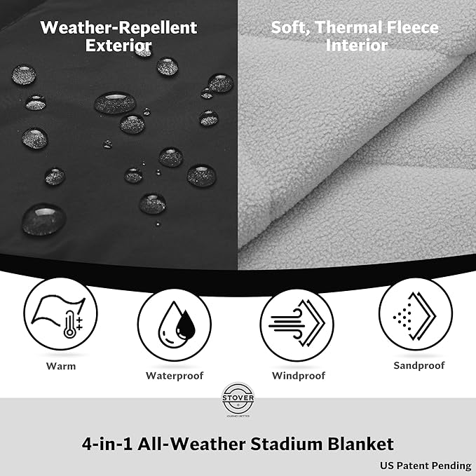 STOVER Large Waterproof Outdoor Stadium Blanket- Extra Thick Soft Fleece Camping Blanket for Travel, Picnics, Sports, Dogs- 79"x55", Warm, Windproof, Sand-Proof, Lightweight, Packable (Stadium Black)