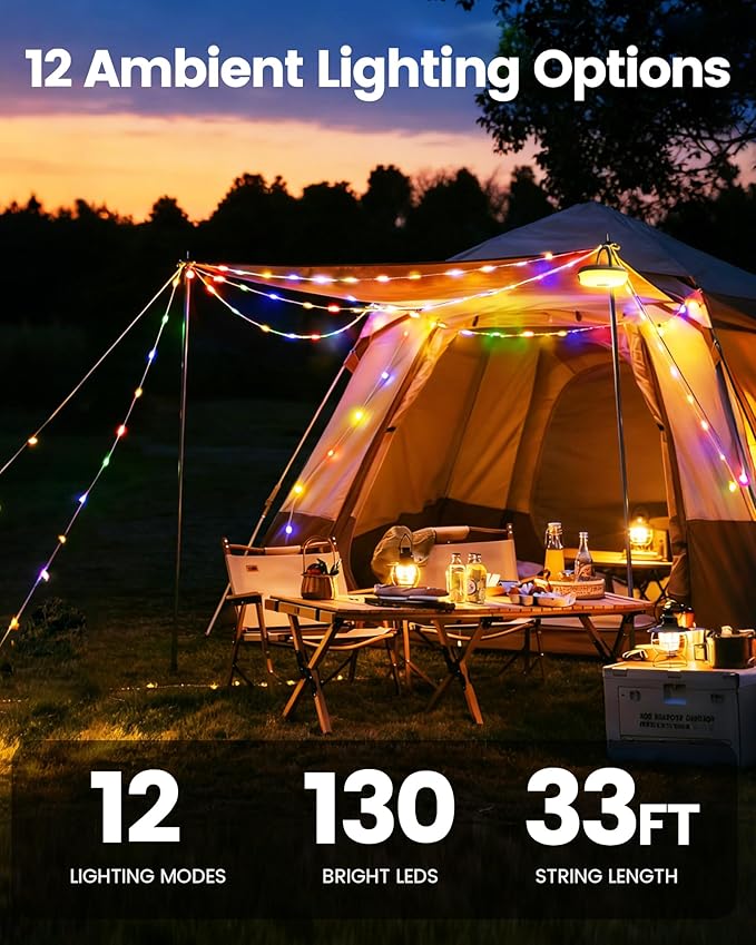 Glocusent 22 Modes Camping String Lights, 12 Ambient String Lights & 10 RGB Lantern, 130 LEDs Rechargeable Solar Powered, 33ft Tangle-Free Camping Lights String for Tent, Patio, Yard, Outdoor Decor