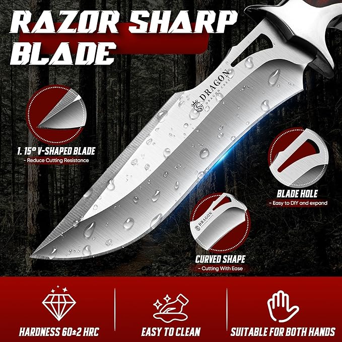 Dragon Creek Fixed Blade Knife - Bowie Knife with Wooden Handle Leather Sheath for Fishing Camping Men Gift