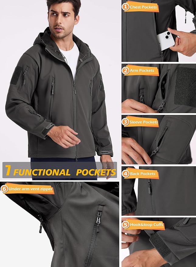 ReFire Gear Men's Army Special Ops Military Tactical Jacket Softshell Fleece Hooded Outdoor Coat
