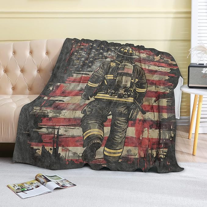Firefighter Fleece Blanket - 50x60in American Flag Throw Blankets,Soft Cozy Lightweight, Ideal for Living Room Home Patriotic Decor and Kids Women Girls Spring Gifts