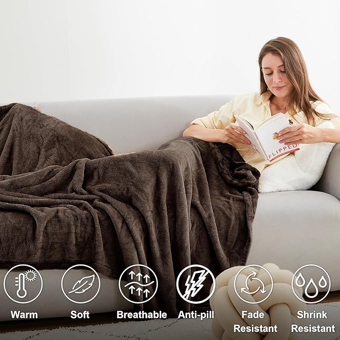 Hansleep Fleece Brown Queen Blanket, Super Soft Flannel Fuzzy Plush Cozy Blanket for All Seasons, Brown, Queen 90x90 Inches