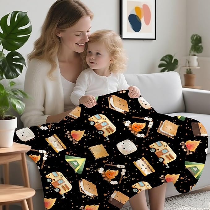 Cute S'Mores Flannel Blanket | Ultra Soft Roasted Marshalows Throw for Couch/Sofa/Travel/Camping | Camping Blanket Gifts for Camper Lover Decor - 50"x60"-Teens/Travel Size