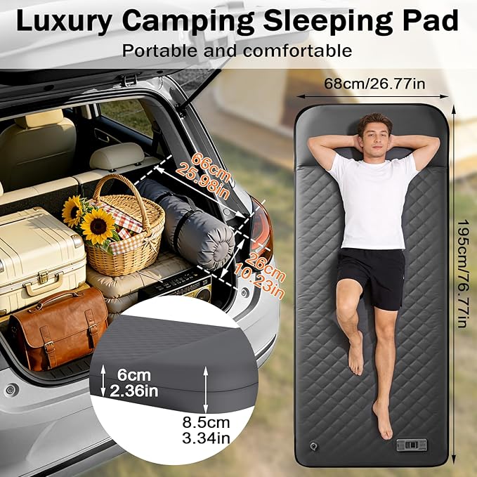 Self Inflating Sleeping Pad with Electric Pump, 3.15" Ultra-Thick Memory Foam Camping Sleeping Pad with Built-in Pillow, 4 Season Camping Mattress Pad, Camping Essentials Gear for Camp Travel Tent Car