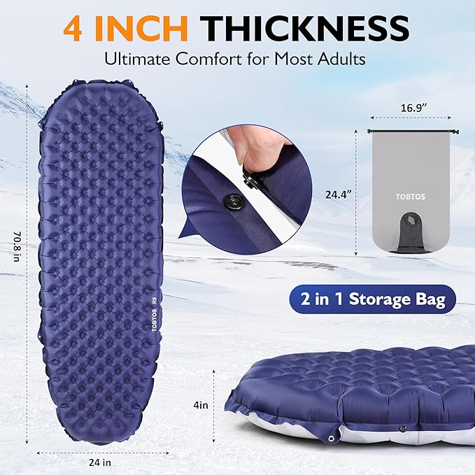TOBTOS Camping Sleeping Pad with 9.0 R-Value, 4" Thick Inflatable Camping Mattress for All Season, Compact Insulated Sleeping Mat for Backpacking & Hiking (Mummy)
