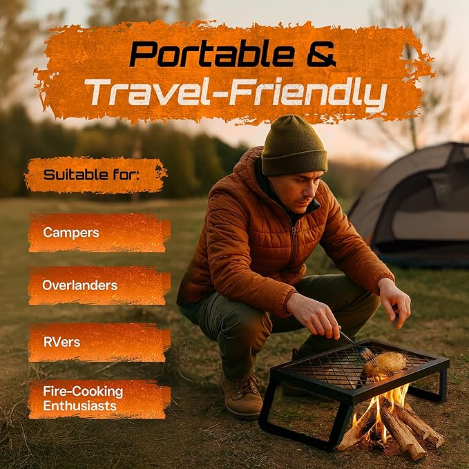 Adventure Seeka Folding Campfire Grill – Portable Over-Fire Grill with Food-Safe Coating, Heavy Duty Steel, Compact with Folding Legs - Camping, RV, Overlanding, Fire Pits