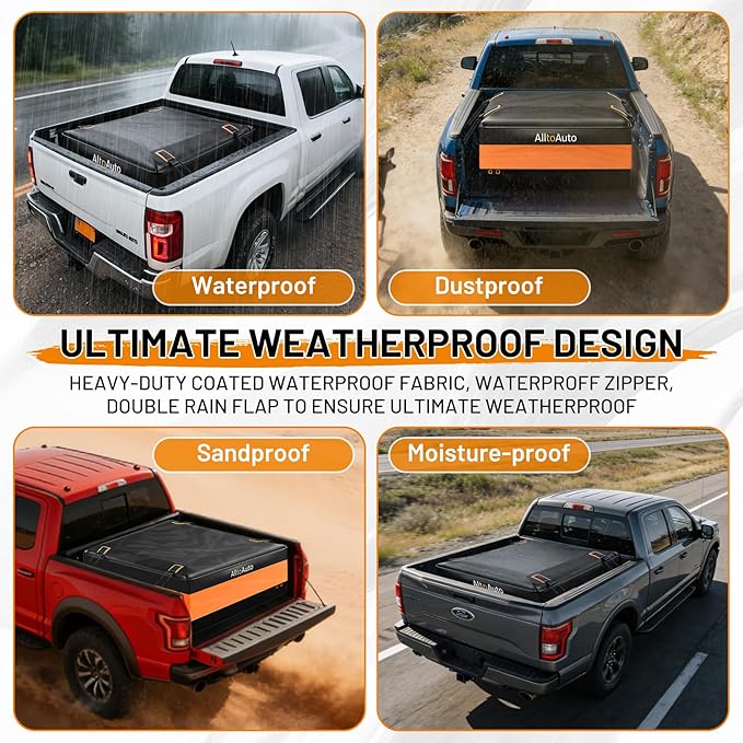 [High Visibility] Waterproof AlltoAuto Truck Bed Bag with Orange Safety Trim, 26 CuFt Heavy Duty Cargo Carrier for Pickup Truck, Weatherproof Storage Bag for Camping & Road Trips