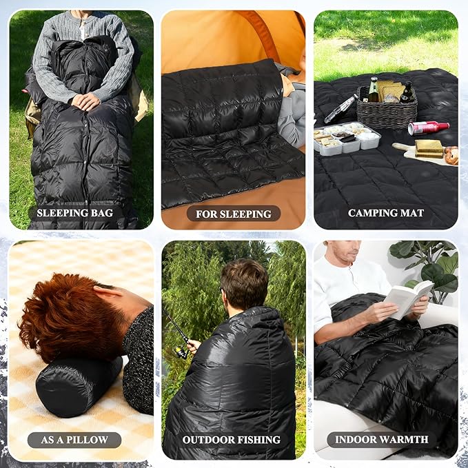 MOOX Down Camping Blanket - Packable Down Camping Quilt Backpacking Lightweight Waterproof Outdoor Hiking Stadium Warm Puffy Sleeping Bag 55"x79" Water Resistant Camp Travel Blanket, Black