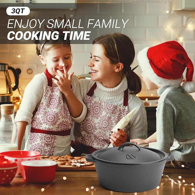 Northriver Casting 3 QT Cast Iron Dutch Oven with Lid – Pre-Seasoned Round Pot for Baking Bread, Stews & Camping – Small Dutch Oven for Oven, Stove, and Campfire Cooking