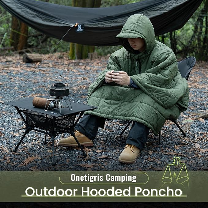 ONETIGRIS Camping Blanket Poncho with with Recycled Synthetic Insulation,Wearable Hoodie Blanket | Ultralight Water-Resistant Warm Camping Blanket for Outdoor, Hiking, Stadium
