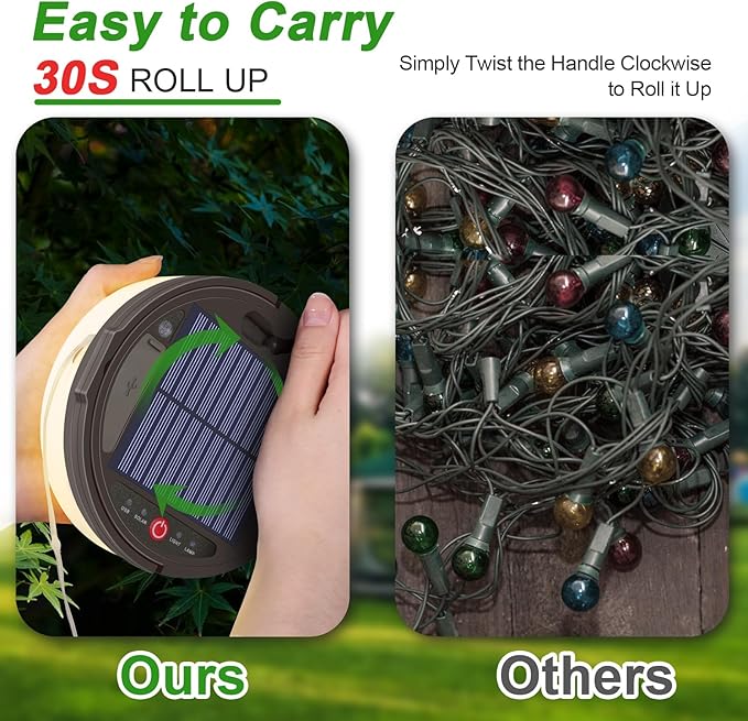 Outdoor Waterproof Portable Stowable String Light, 4 in 1 Retractable Camping String Lights with 8 Lighting Modes (42ft), Solar /USB Rechargeable Tent Lights for Hiking, Yard, RV (Multicolor String）