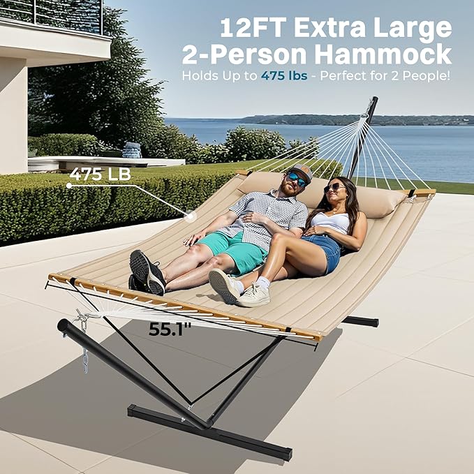 SUPERJARE Hammock with Stand, 2 Person Quilted Outdoor Hammock, Detachable Pillow & Bamboo Spreaders, Portable Hammock with Carrying Bag, Heavy Duty Stand, Perfect for Outside, Patio, Beige