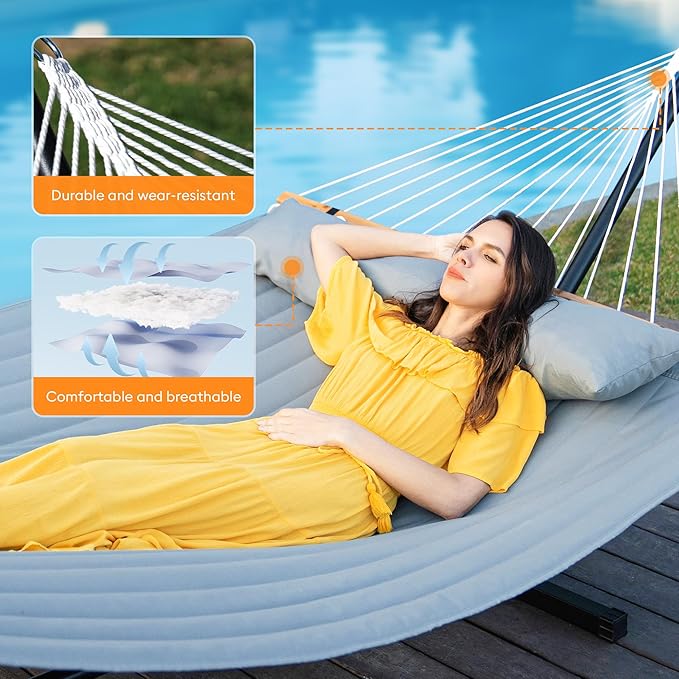 Everyfun Double Hammock with Spreader Bar & Pillow, Portable 500lbs Capacity for Outdoor, Camping, Patio, Backyard Relaxation,Gray