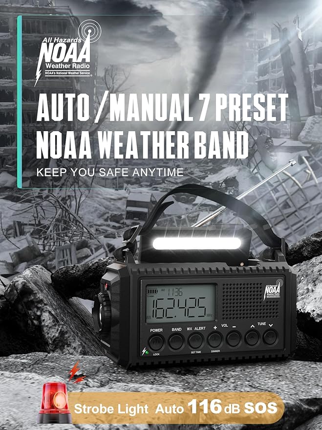 5000 Hand Crank Emergency Radio, NOAA Weather Radio with Backlit LCD Screen, 5 Way Powered, AM/FM/Shortwave &Solar Radio,Rechargeable Battery, Flashlight & Reading Light,SOS Alarm,Cell Phone Charger