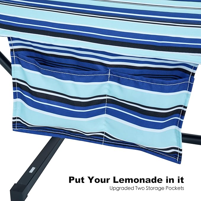 GAFETE 2 Person Hammock with Stand for Outside, Heavy Duty Steel Stand, Double 55inch Hammocks, Large Removable Pillow, Storage Bags, Max 475 lbs Capacity (Pacific Stripe Blue)