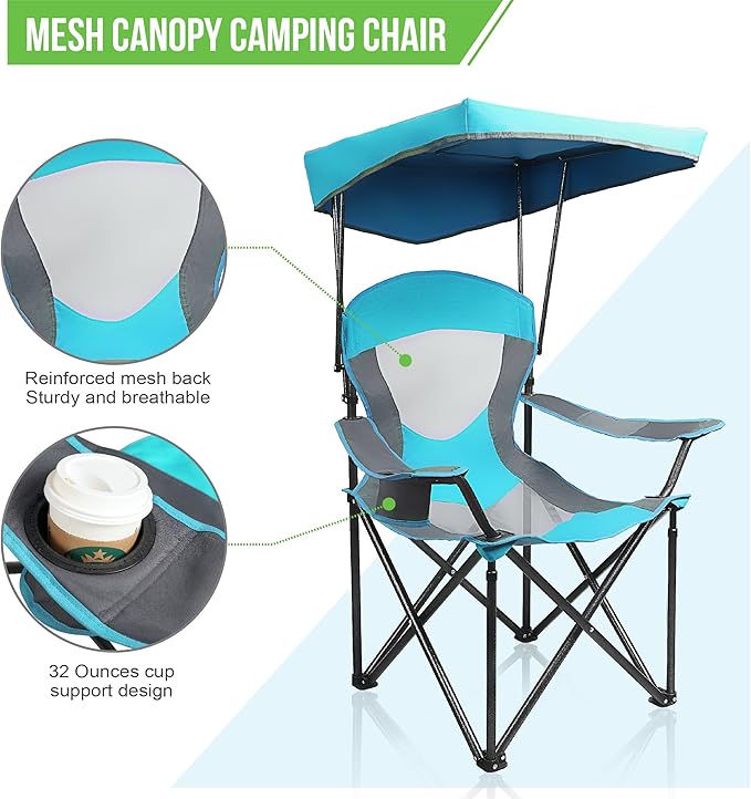 ALPHA CAMP Heavy Duty Canopy Camping Chair, 350 lbs Capacity Oversized Folding Chair with Adjustable Sunshade, Portable Sunshade Chair with Cup Holder for Beach, Fishing, Outdoor
