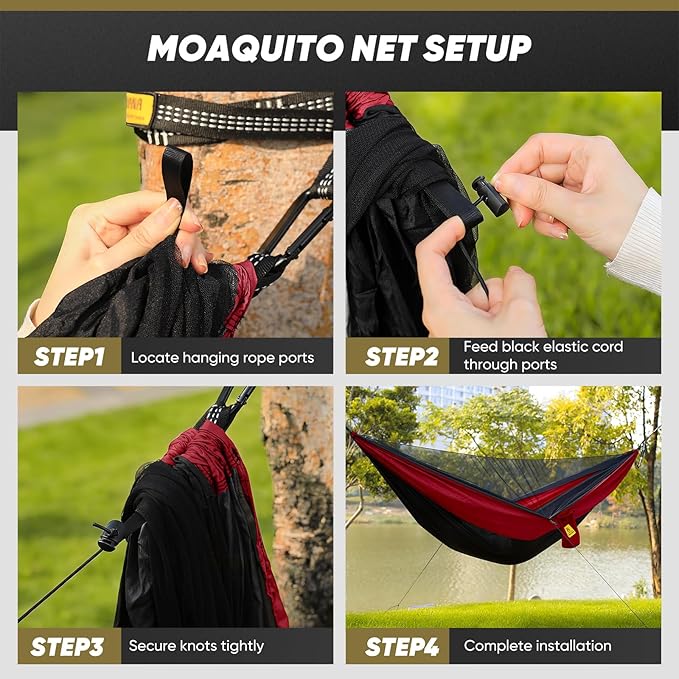 Camping Hammock with Mosquito Net, 600 lbs Portable Hammock with Tree Straps, 2-in-1 Double/Single Travel Hammock Tent for Outside/Indoor/Backpacking/Beach - Black & Red