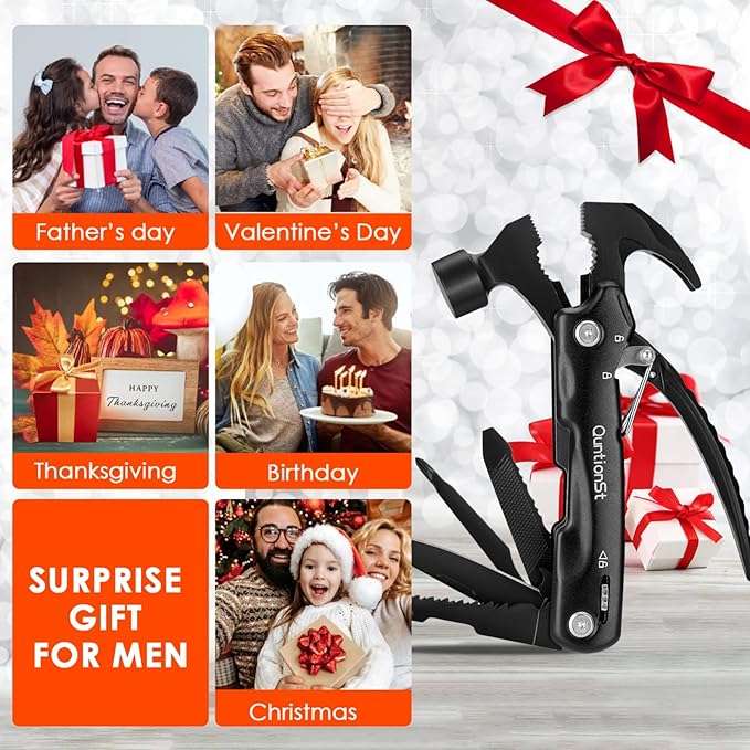 Birthday Gifts for Men,12-in-1 Hammer Multitool,Christmas Stocking Stuffers for Him Adults Dad Husband Boyfriend, Camping Essentials Mens Gift for Him, Fathers Day Gift Idea,Mini Multi Tool