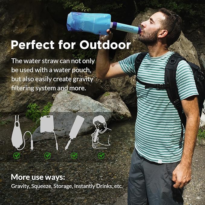 Membrane Solutions Squeezable Water Filtration System, Survival Water Purifier Kit, Portable Backpacking Gear Including Water Filter Straw and 23oz Collapsible Bottle for Hiking Camping Travel(7+6)