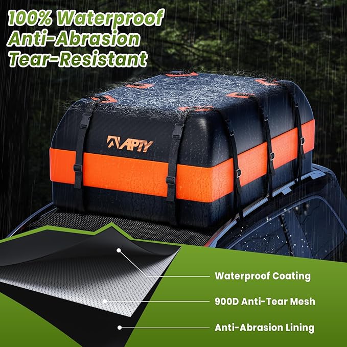 APTY 21 Cubic Feet Car Rooftop Cargo Bag Carrier, Soft Roof Top Luggage Bag for All Vechicles with/Without Racks - with Waterproof Zip, Luggage Lock, Anti-Slip Mat, Storage Bag, Door Hooks