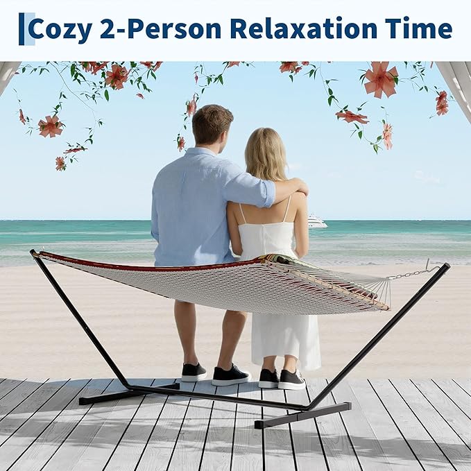 2 Person 12FT Hammocks for Outside, Double Quilted Fabric Outdoor Hammock with Spreader Bar, Large Removable Pillow, Storage Pockets, Carabiners, Max 450 Lbs Capacity