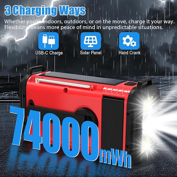 20000mAh Emergency Weather Radio, Solar Hand Crank Portable AM/FM/NOAA Radio with Flashlight, Reading Lamp, SOS Alarm, USB-C Cell Phone Charger for Home Outdoor Survival-Red