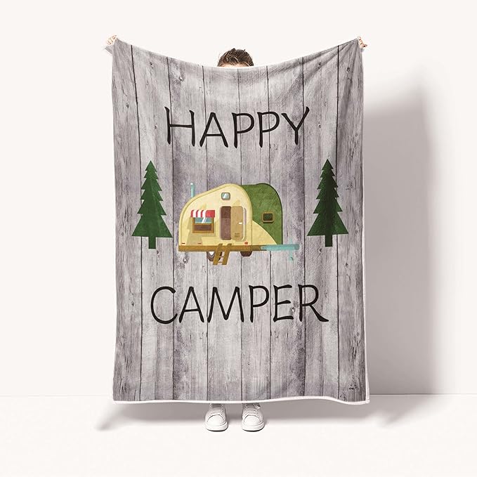 Camping Throw Blanket, Camping Gifts for Camper Outdoor Travel Trailer Blanket, Super Soft Comfy Fleece Flannel Throws Blankets for Couch Bed Sofa Living Room Bedroom Decor Grey 50x60 Inch