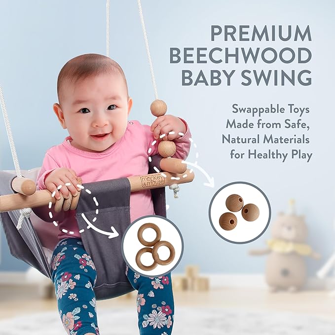 Monkey & Mouse Baby Swing, Pale Yellow Indoor Outdoor Portable Hanging Chair, Infant & Toddler Kids 6 Months - 4 Years, Cotton Canvas & Beech Wood Frame, Sensory Hammock Boy & Girl Seat w/Wooden Toys