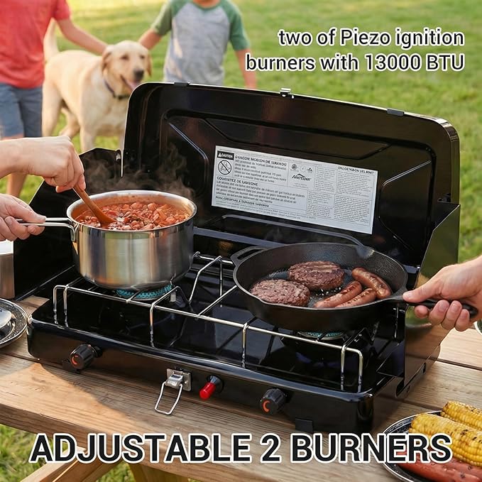 FineFlame Camping Stove, 2 Burners Propane Portable Camp Stove with Regulator, Push-Button Instant Ignition, Adjustable Burners & Wind Guards for Car BBQ Picnics Outdoor Cooking(13000BTU)