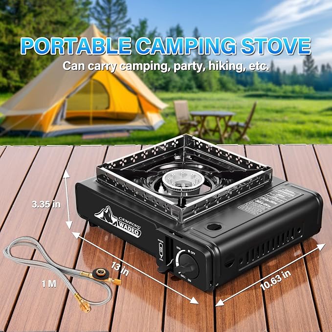 WADEO Three Fuel Portable Camping Stove with Windblocker, 3 in 1 Propane Butane Isobutane Stove with Carrying Case and Stainless Steel Hose Adapters, Gas Camp Stove for Cooking, BBQ, Travel RV, Hiking