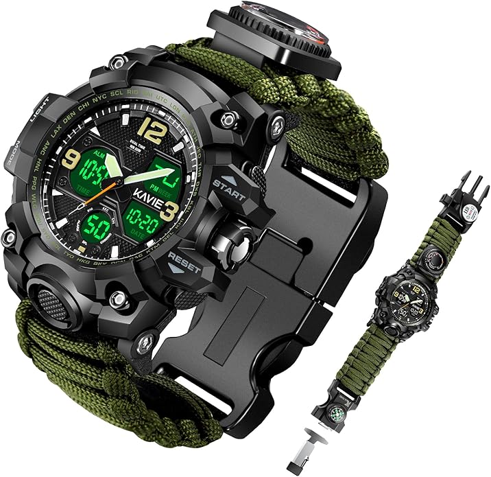 Mens Tactical Military Digital Watch, 23-in-1 Survival Multi-Functional Army Outdoors Waterproof Camouflage Sports Watches Dual Display Analog LED Electronic Wristwatches with Compass Paracord Band