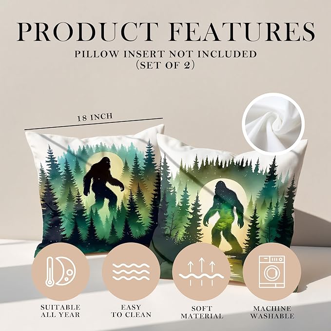Funny Bigfoot Sasquatch Forest Throw Pillow Covers 18x18 Set of 2,Camper Decor Pillowcase,Big Foot Sasquatch Gifts,Camping Camper Bigfoot Gifts for Women（91）