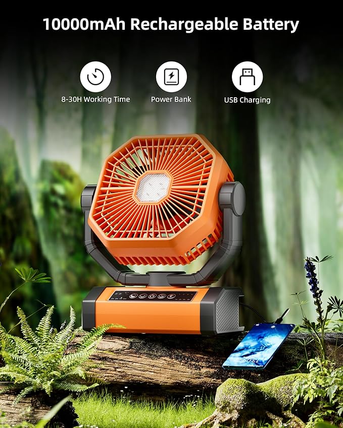 MORIKO Table Fans, 10000mAh Rechargeable Battery Operated Portable Tent Fan with LED Lantern, Remote Control, Hook, 270° Pivot, Stepless Speed-Ideal for Camping, Picnic, Barbecue, Jobsite