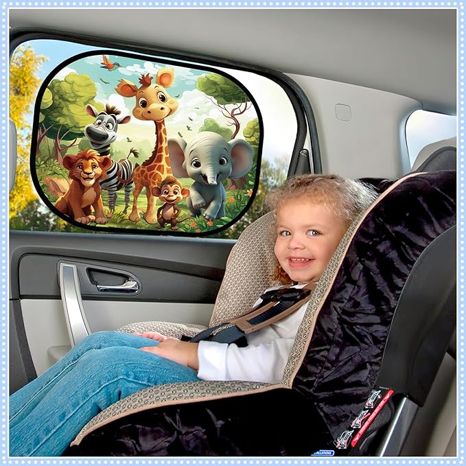 JUNEBRUSHS 2 Pack Car Window Shade With UV Protection for Baby - 17.6 x 14.4 Inches Sun Shade With Cute Animal Designs