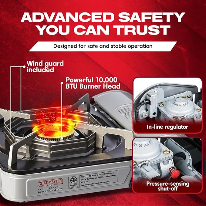 Chef-Master 90011 Butane Countertop Stove, 10 000 BTU Portable with Carry Case, High Performance, Piezo Ignition, Brass Burner, Safety Stop
